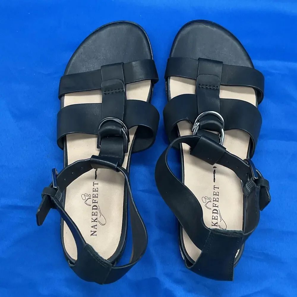 Naked Feet Hadar‎ Platform Sandals in Black Leather US 8.5M